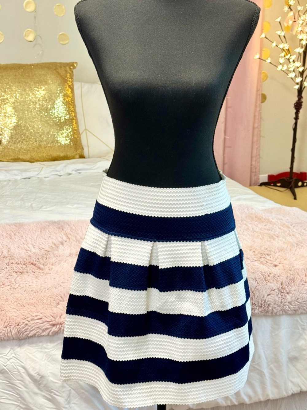 Neslay Navy White Striped Skater Skirt Textured Fit Flare Mini XS
